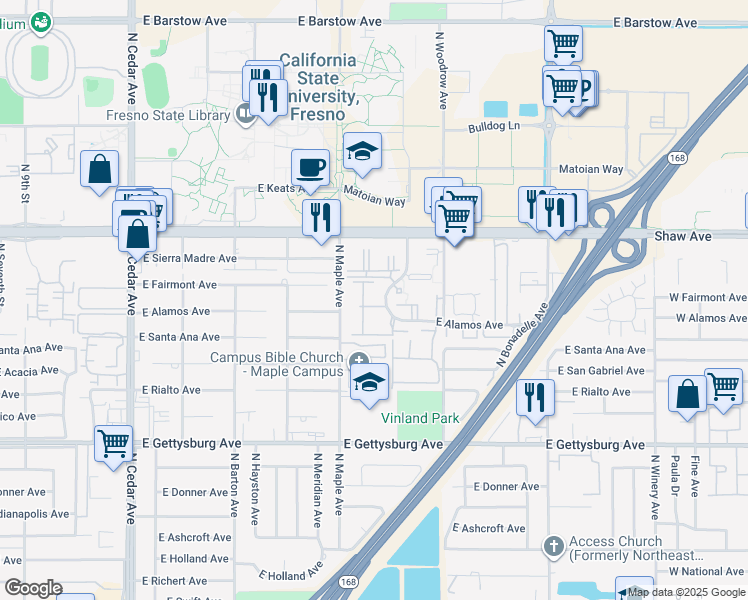 map of restaurants, bars, coffee shops, grocery stores, and more near 4885 North Backer Avenue in Fresno