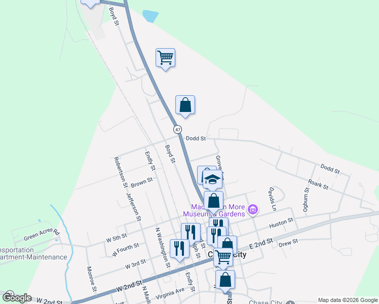 map of restaurants, bars, coffee shops, grocery stores, and more near 801-899 North Main Street in Chase City
