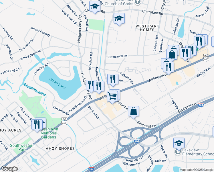 map of restaurants, bars, coffee shops, grocery stores, and more near 2000 Elmhurst Lane in Portsmouth