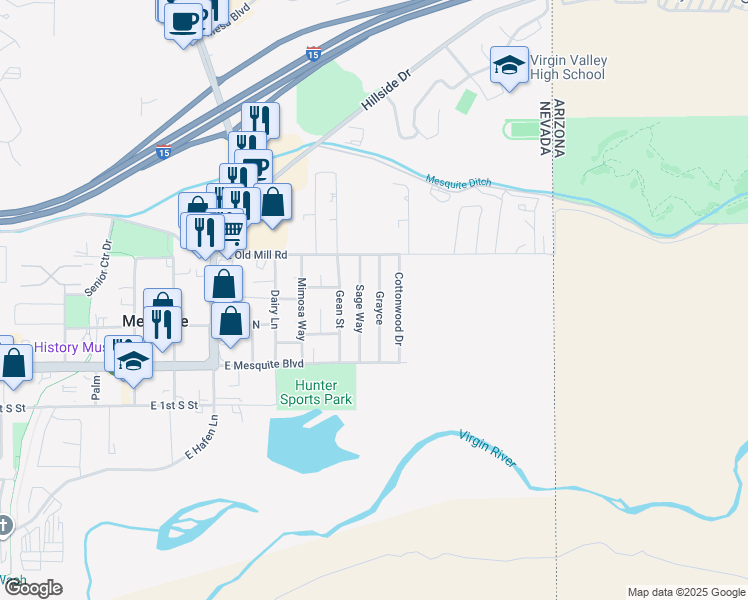 map of restaurants, bars, coffee shops, grocery stores, and more near 179 Grayce Drive in Mesquite
