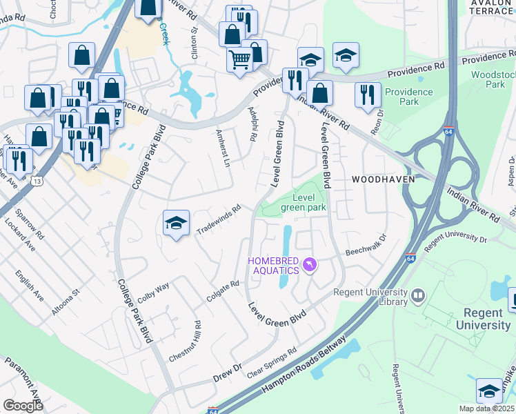 map of restaurants, bars, coffee shops, grocery stores, and more near 1048 Lockwood Court in Virginia Beach