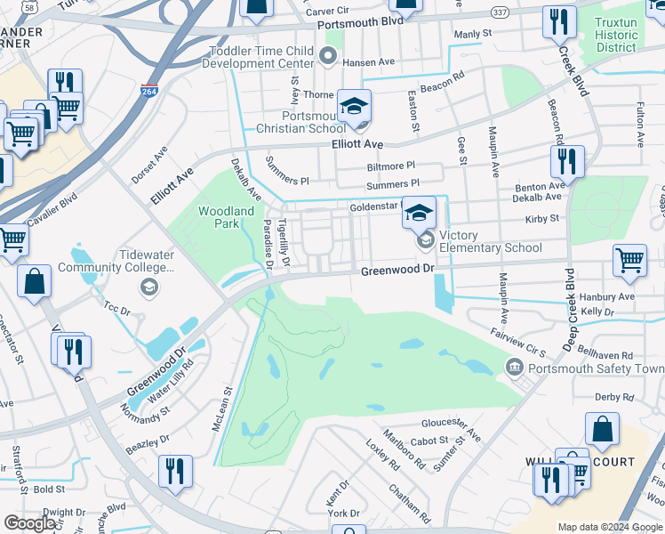 map of restaurants, bars, coffee shops, grocery stores, and more near 2926 Greenwood Drive in Portsmouth