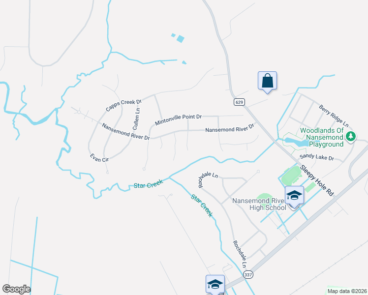map of restaurants, bars, coffee shops, grocery stores, and more near 3346 Oyster Creek Drive in Suffolk