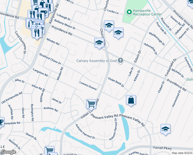 map of restaurants, bars, coffee shops, grocery stores, and more near 5221 Foxboro Landing in Virginia Beach
