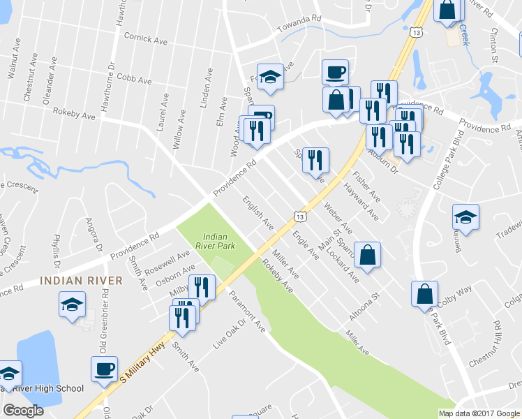 map of restaurants, bars, coffee shops, grocery stores, and more near 1804 English Avenue in Chesapeake