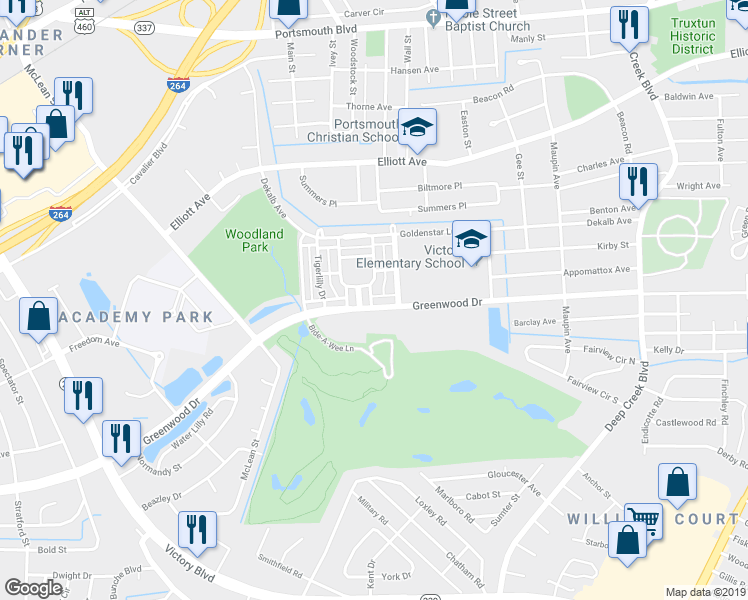 map of restaurants, bars, coffee shops, grocery stores, and more near 2926 Greenwood Drive in Portsmouth