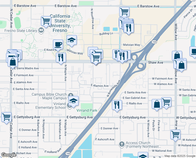 map of restaurants, bars, coffee shops, grocery stores, and more near 4860 North Woodrow Avenue in Fresno