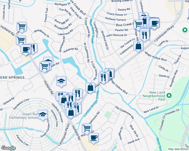 map of restaurants, bars, coffee shops, grocery stores, and more near 957 South Club House Road in Virginia Beach