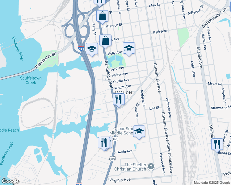 map of restaurants, bars, coffee shops, grocery stores, and more near 803 Hughes Avenue in Chesapeake
