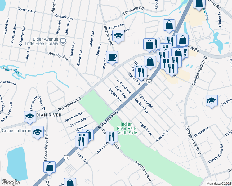map of restaurants, bars, coffee shops, grocery stores, and more near 1804 English Avenue in Chesapeake