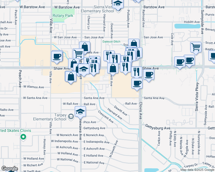 map of restaurants, bars, coffee shops, grocery stores, and more near 470 Shaw Avenue in Clovis
