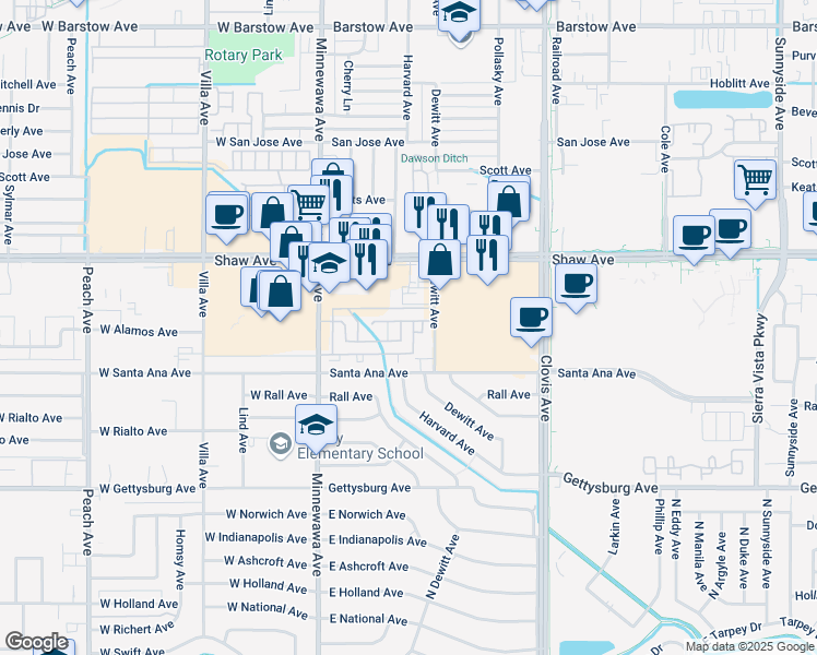 map of restaurants, bars, coffee shops, grocery stores, and more near 239 Fairmont Avenue in Clovis