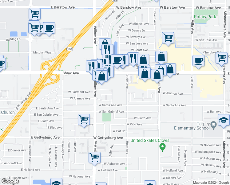 map of restaurants, bars, coffee shops, grocery stores, and more near 2110 Helm Avenue in Clovis