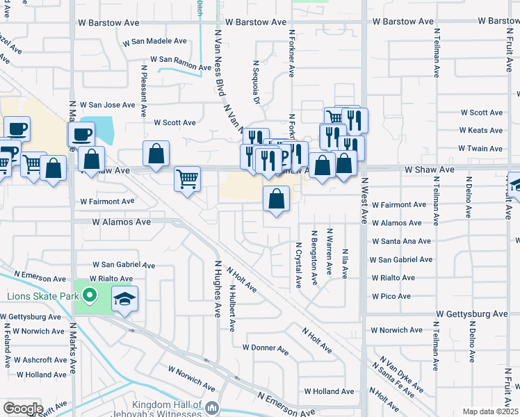 map of restaurants, bars, coffee shops, grocery stores, and more near in Fresno