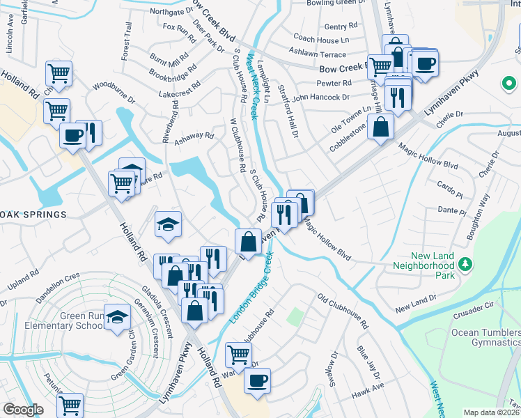 map of restaurants, bars, coffee shops, grocery stores, and more near 957 South Club House Road in Virginia Beach