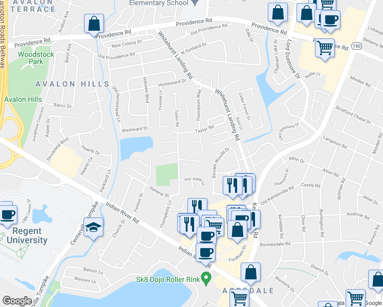 map of restaurants, bars, coffee shops, grocery stores, and more near 5349 Chabot Way in Virginia Beach