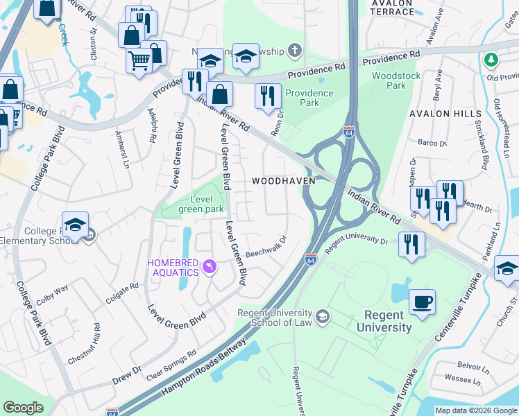 map of restaurants, bars, coffee shops, grocery stores, and more near 1044 Reon Drive in Virginia Beach