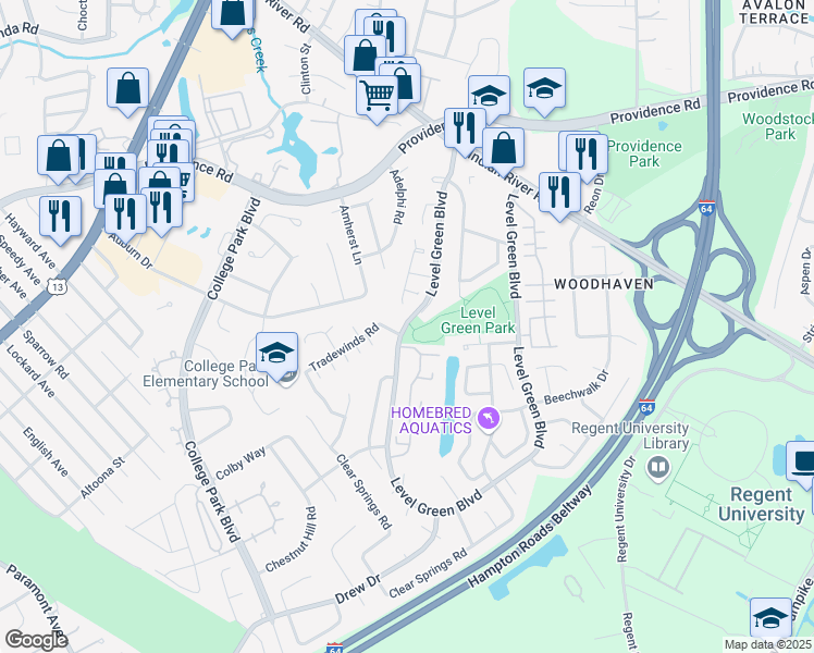 map of restaurants, bars, coffee shops, grocery stores, and more near 1048 Lockwood Court in Virginia Beach