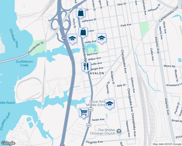 map of restaurants, bars, coffee shops, grocery stores, and more near 803 Hughes Avenue in Chesapeake