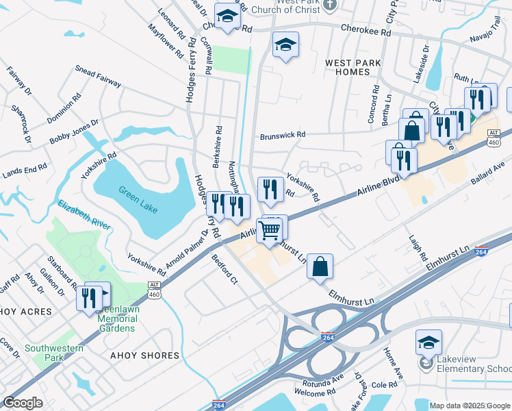 map of restaurants, bars, coffee shops, grocery stores, and more near 2000 Elmhurst Lane in Portsmouth