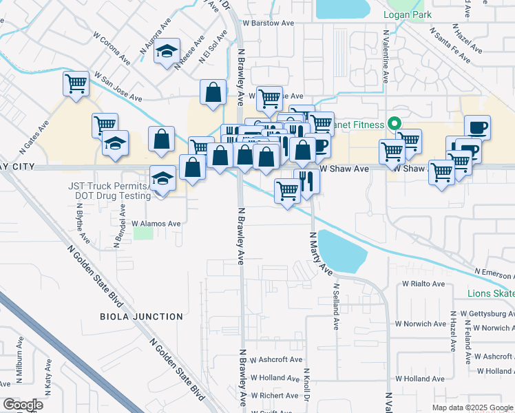 map of restaurants, bars, coffee shops, grocery stores, and more near 3699 West Shaw Avenue in Fresno