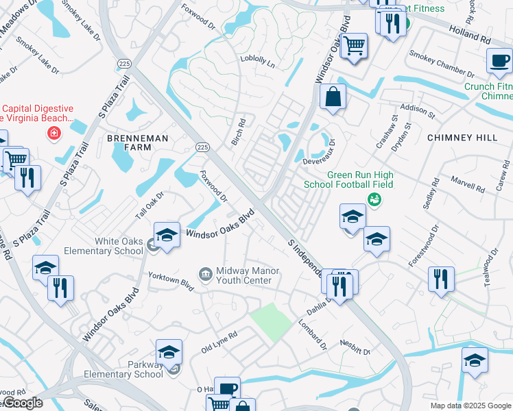 map of restaurants, bars, coffee shops, grocery stores, and more near Windsor Oaks Boulevard in Virginia Beach