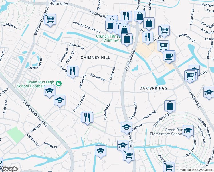 map of restaurants, bars, coffee shops, grocery stores, and more near 891 Carew Road in Virginia Beach