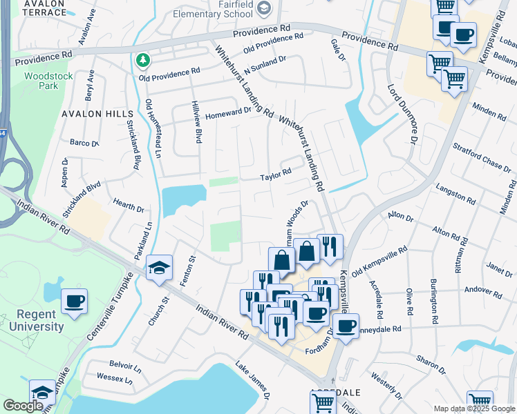 map of restaurants, bars, coffee shops, grocery stores, and more near 5349 Chabot Way in Virginia Beach