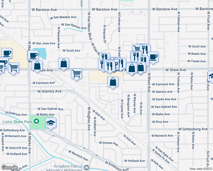 map of restaurants, bars, coffee shops, grocery stores, and more near 2305 West Shaw Avenue in Fresno