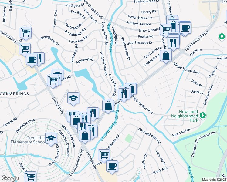 map of restaurants, bars, coffee shops, grocery stores, and more near 977 South Club House Road in Virginia Beach
