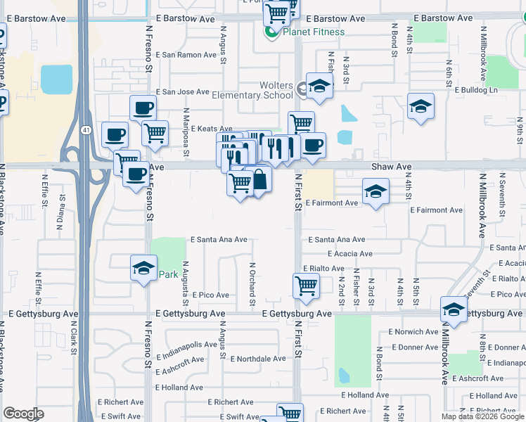 map of restaurants, bars, coffee shops, grocery stores, and more near 707 East Shaw Avenue in Fresno