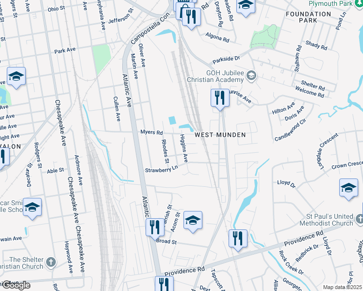map of restaurants, bars, coffee shops, grocery stores, and more near 1612 Higgins Street in Chesapeake