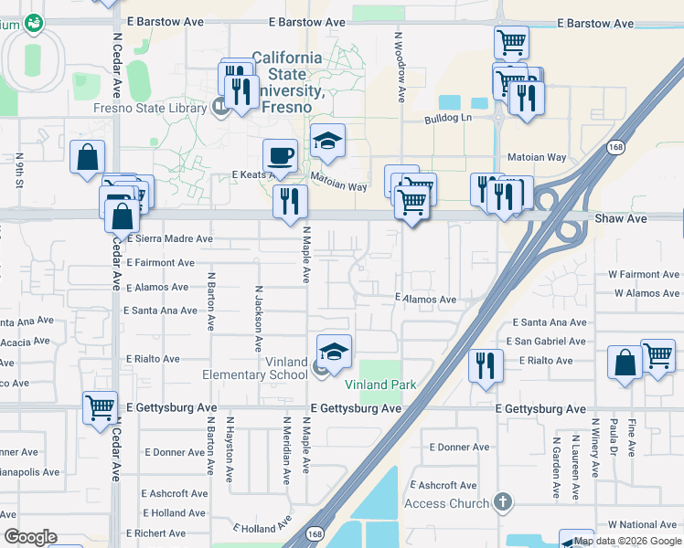 map of restaurants, bars, coffee shops, grocery stores, and more near 4885 North Backer Avenue in Fresno