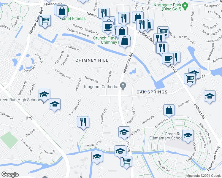 map of restaurants, bars, coffee shops, grocery stores, and more near 3549 Marvell Road in Virginia Beach