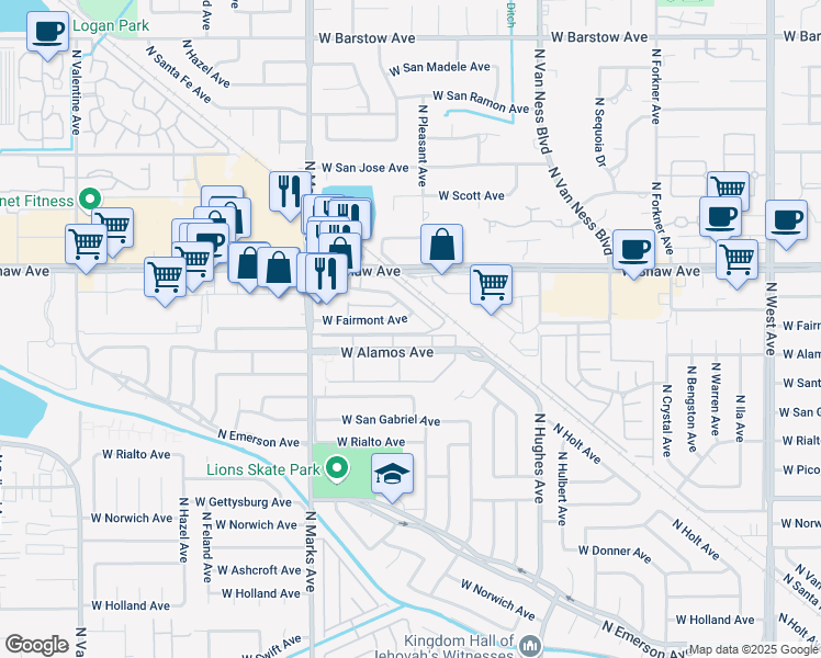map of restaurants, bars, coffee shops, grocery stores, and more near 2602 West Fairmont Avenue in Fresno