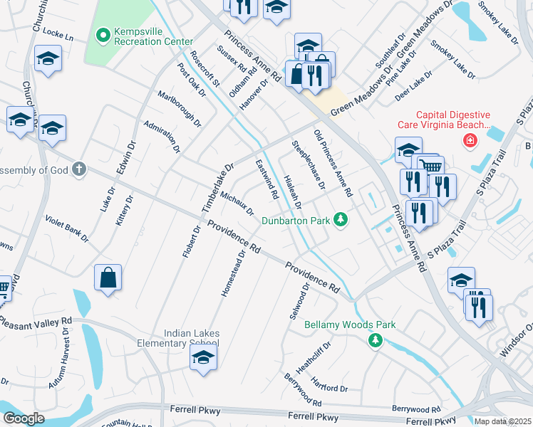 map of restaurants, bars, coffee shops, grocery stores, and more near 917 Dunhill Drive in Virginia Beach