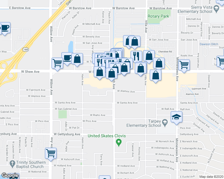 map of restaurants, bars, coffee shops, grocery stores, and more near 2216 Peach Avenue in Clovis