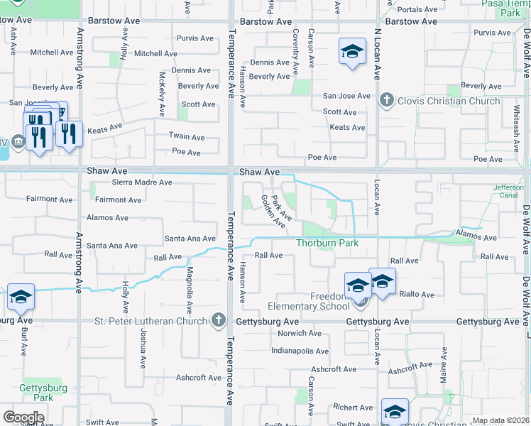 map of restaurants, bars, coffee shops, grocery stores, and more near 2155 Applegate Avenue in Clovis