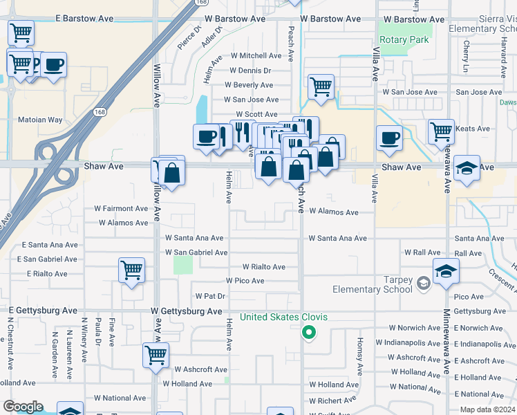 map of restaurants, bars, coffee shops, grocery stores, and more near 580 West Shaw Avenue in Clovis