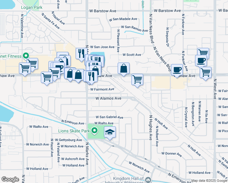 map of restaurants, bars, coffee shops, grocery stores, and more near 2602 West Fairmont Avenue in Fresno