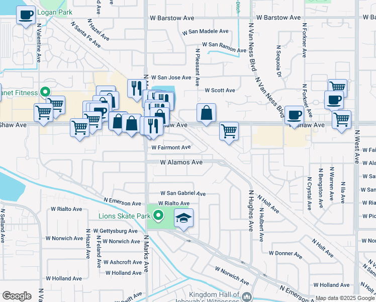 map of restaurants, bars, coffee shops, grocery stores, and more near 2602 West Fairmont Avenue in Fresno