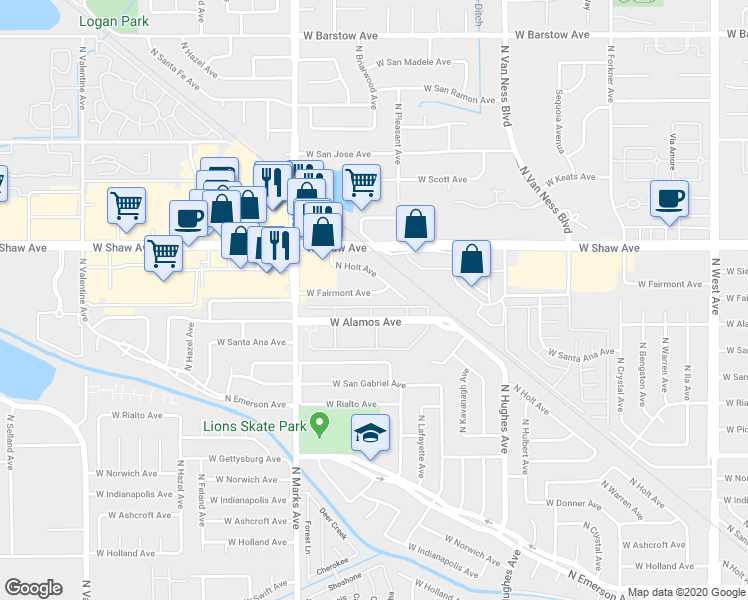 map of restaurants, bars, coffee shops, grocery stores, and more near 2602 West Fairmont Avenue in Fresno