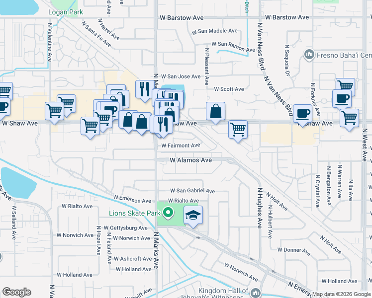 map of restaurants, bars, coffee shops, grocery stores, and more near 2730 West Fairmont Avenue in Fresno