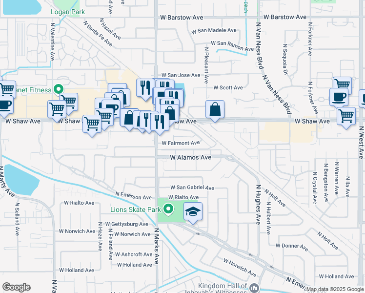 map of restaurants, bars, coffee shops, grocery stores, and more near 2730 West Fairmont Avenue in Fresno