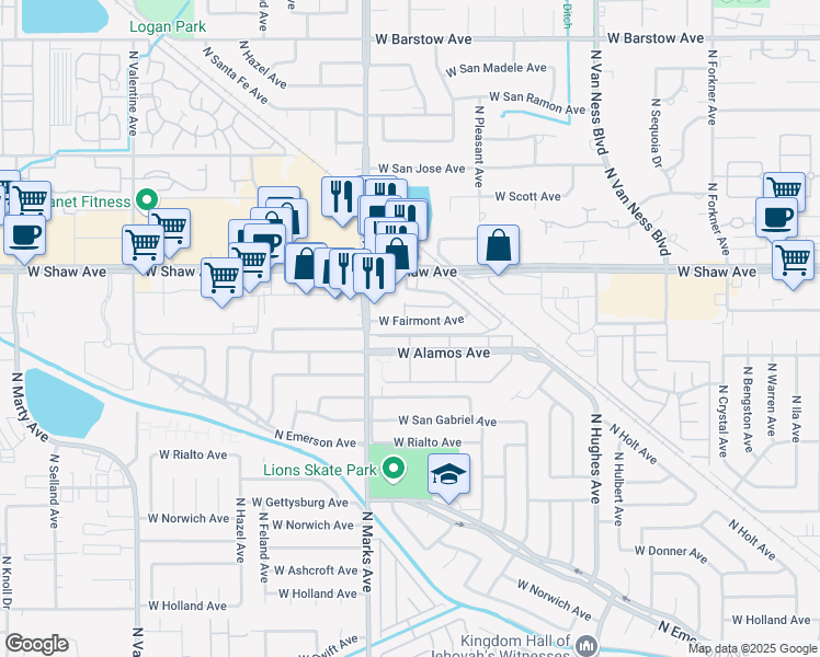 map of restaurants, bars, coffee shops, grocery stores, and more near 2730 West Fairmont Avenue in Fresno