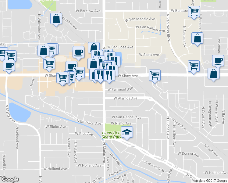 map of restaurants, bars, coffee shops, grocery stores, and more near 2730 West Fairmont Avenue in Fresno