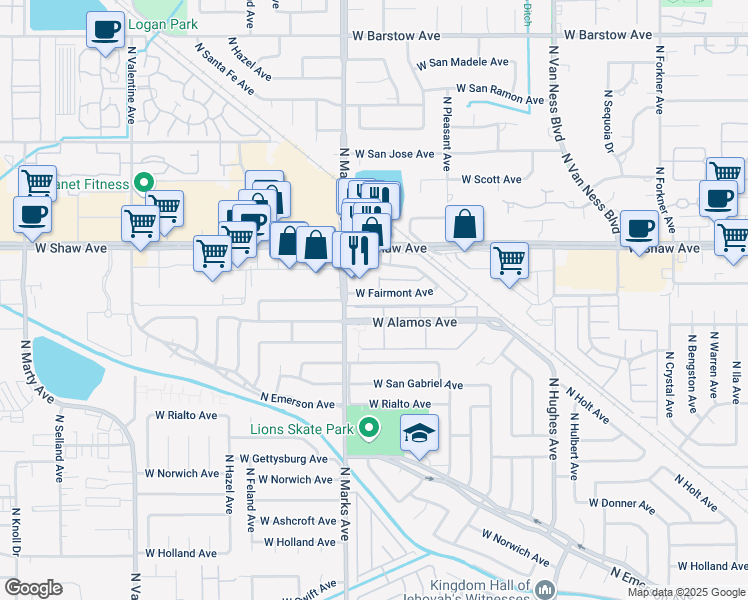 map of restaurants, bars, coffee shops, grocery stores, and more near 2730 West Fairmont Avenue in Fresno
