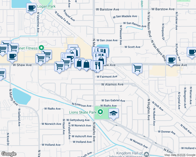 map of restaurants, bars, coffee shops, grocery stores, and more near 2767 West Shaw Avenue in Fresno