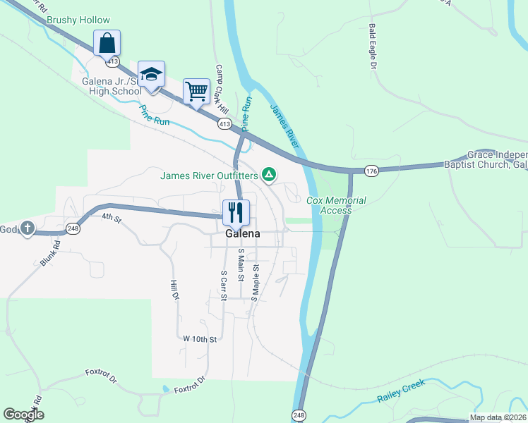 map of restaurants, bars, coffee shops, grocery stores, and more near 210 North Maple Street in Galena