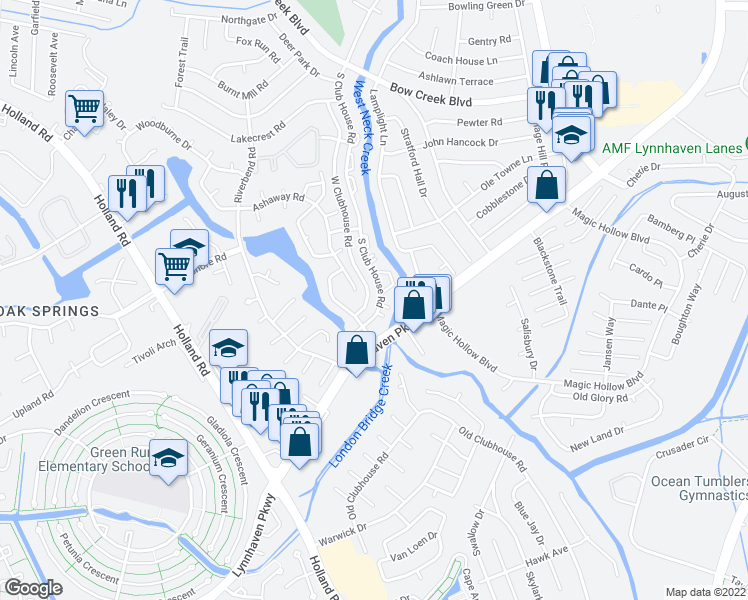 map of restaurants, bars, coffee shops, grocery stores, and more near 975 South Club House Road in Virginia Beach